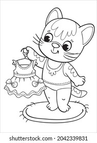 The kitten girl is getting dressed. Stands with a dress. Coloring book for girls.