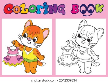 The kitten girl is getting dressed. Stands with a dress. Coloring book for girls.