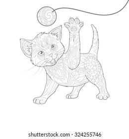 Kitten grey  abstract ornament hand drawn vector illustration, abstract ornament, black and white, colorless