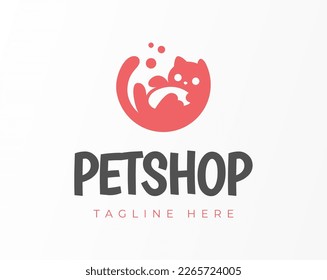 Kitten Grooming Logo Design. Kitten Playing with Bubble Soap Vector Business Logo Design