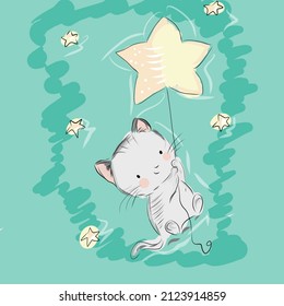el gatito está colgado de un hilo en una estrella en el cielo