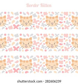 Kitten happy face color seamless vector horizontal border