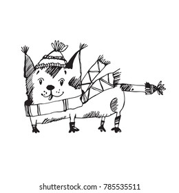 A kitten in a hat and scarf. Vector cartoon illustration, sketch. Isolated hand-drawn character on a white background.