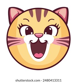 Kitten Head Badge. Laughing kitten, Red striped funny kitten Kids Collection. Sticker print. Flat design. White background. Vector