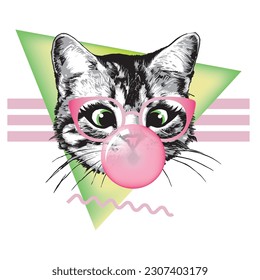 Kitten head with bubble gum and pink sunglasses. Vector illustration.