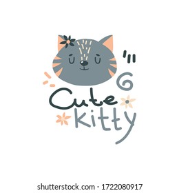 Kitten Head with Cute Kitty Inscription Doodle Vector Illustration. Cute Wild Animal Muzzle as Stylized Childish Print for Kids Clothing