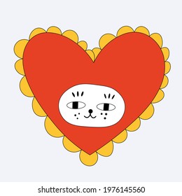 kitten in a heart shape costume. Funny card for valentine's day. Dress up the cat. Funky and groovy heart. Sticker bizarre with a cat. Template for tattoo and silhouette for plotter