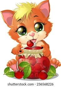 kitten holding a jar of jam in their paws on white background