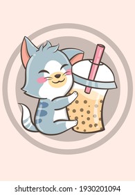 Kitten hugging a bubble tea