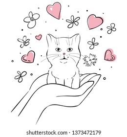 Kitten in human hands, caring and love, vector