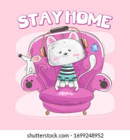 Kitten listening to music and mouse sitting on seat concept stay at home