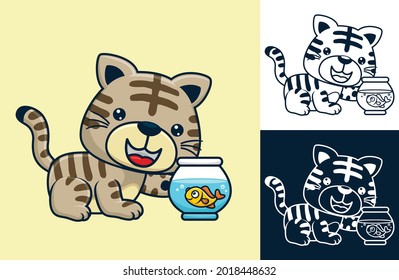 Kitten with little fish on jar. Vector cartoon illustration in flat icon style