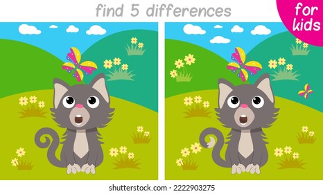 kitten looks at the butterfly with surprise. Logic game for children. You need to find 5 differences. Printable page for children's book or game. Development of counting and attention skills.