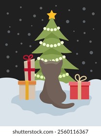 
The kitten looks at the Christmas tree. Cute cat near the New Year tree.Christmas card with cat, kitten. Happy holidays. Greeting concept. Ideal for print, postcard or label. New Year card.