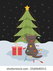 The kitten looks at the Christmas tree. Cute cat near the New Year tree.Christmas card with cat, kitten. Happy holidays. Greeting concept. Ideal for print, postcard or label. New Year card.