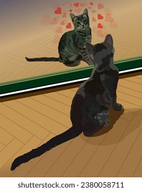 The kitten looks in the mirror.