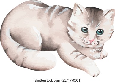 The kitten is lying on its belly. Watercolor vector illustration. Isolated on a white background. For your design birthday greeting cards, baby products, stickers, pet products.