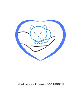 The kitten is lying on the human hand, the logo of the veterinary clinic. Abstract image vector