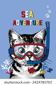 Kitten in mask with snorkel with funny fish. Vector illustration.