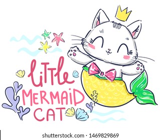 Kitten mermaid isolated on white background. Hand drawn fantasy cute cat. Vector illustration. Print design for baby t-shirt.