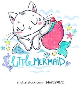 Kitten mermaid isolated on white background. Hand drawn fantasy cute cat. Vector illustration. Print design for baby t-shirt.