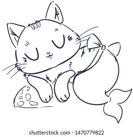 Kitten mermaid isolated on white background. Hand drawn fantasy cute cat. Vector illustration. Print design for baby t-shirt.