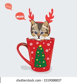 the kitten in the mug meows. New Year and Christmas card