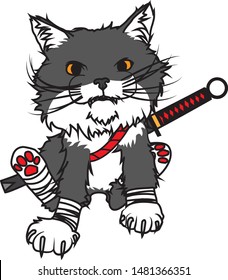 Kitten Ninja. Cat with sword.