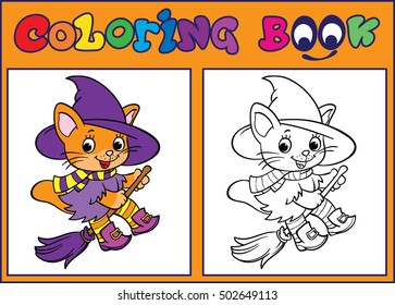 Kitten on a broomstick. Witch.Halloween. Cartoon character. Coloring. Vector illustration on white background.