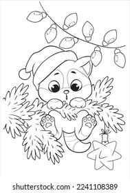 Kitten on the Christmas tree. Coloring book for kids.