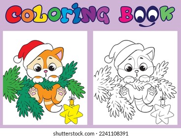 Kitten on the Christmas tree. Coloring book for kids.