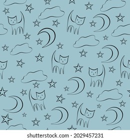 Kitten on a moonlit night. Starry sky. Pattern. Vector illustration
