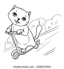 Kitten on a scooter. Summer entertainment. Coloring book for children. Vector illustration isolated on white background.