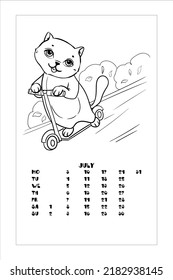 Kitten on a scooter. Summer entertainment. Coloring book for children. Vector illustration isolated on white background. Calendar, July.