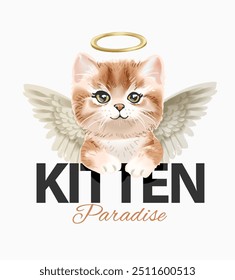 Eslogan del paraíso del gatito con la Ilustración vectorial linda del ángel del gatito