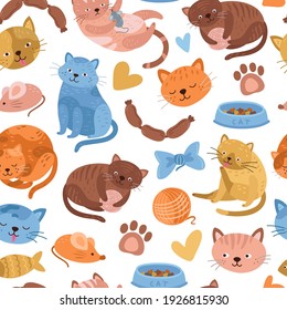 Kitten pattern. Cartoon cat, cute animal seamless background. Doodle fun pets print, childish or veterinary textile exact vector illustration