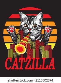 Kitten With Paws Up And With Fire In Mouth. Slogan Catzilla. Vector Illustration.