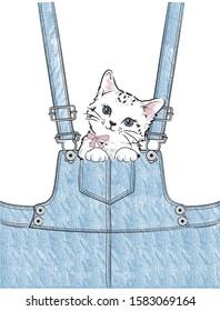 Kitten peeks out of a denim jumpsuit vector illustration print t-shirt