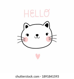 Kitten, pink heart and lettering Hello, children's illustration, graphics, newborn, ideal for poster, postcard, decor or drawing on fabric