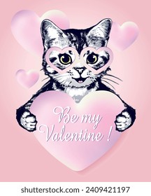 Kitten with pink heart on pink background. Be my Valemtine. Valentine’s Day vector illustration.