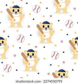 Kitten Play Baseball Cartoon Vectors Pattern Backgrounds.