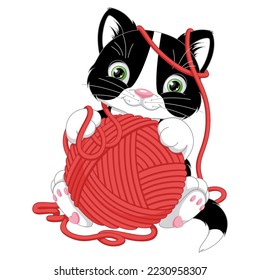 Kitten playing with ball of yarn cartoon vector illustration