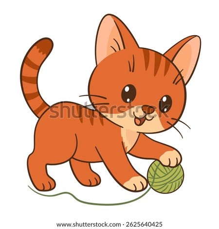 Kitten playing with ball of yarn. Cute ginger tabby kitten in Flat style Chibi cat clean, simple design. For children’s book, story illustrations, greeting cards, stickers, tshirts, mug and posters.