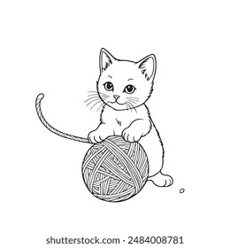 Kitten playing with a ball of yarn Vector illustration