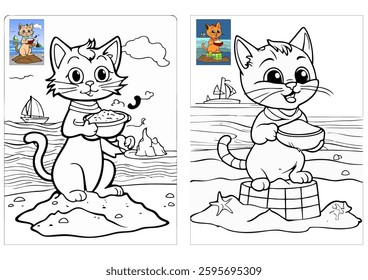 Kitten playing at the beach coloring page.