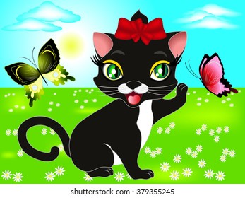 Kitten playing with butterflies in the meadow. svg
