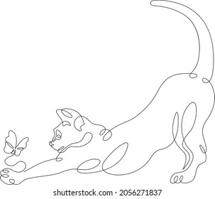 Kitten playing with a butterfly.One continuous line.
Playful cute cat.
One continuous drawing line logo isolated minimal illustration.