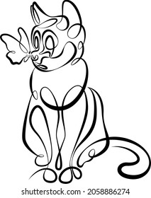 Kitten playing with a butterfly.One continuous line.
Playful cute cat.
One continuous drawing line logo isolated minimal illustration.