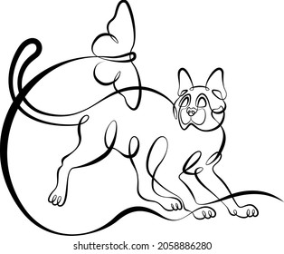 Kitten playing with a butterfly.One continuous line.
Playful cute cat.
One continuous drawing line logo isolated minimal illustration.