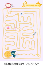 A kitten playing with a clew, creating a maze in which he lost. Some things eaten by the cat on the way. On exit a bowl of milk, behind which lurks a mouse. At the top you can enter your own text.